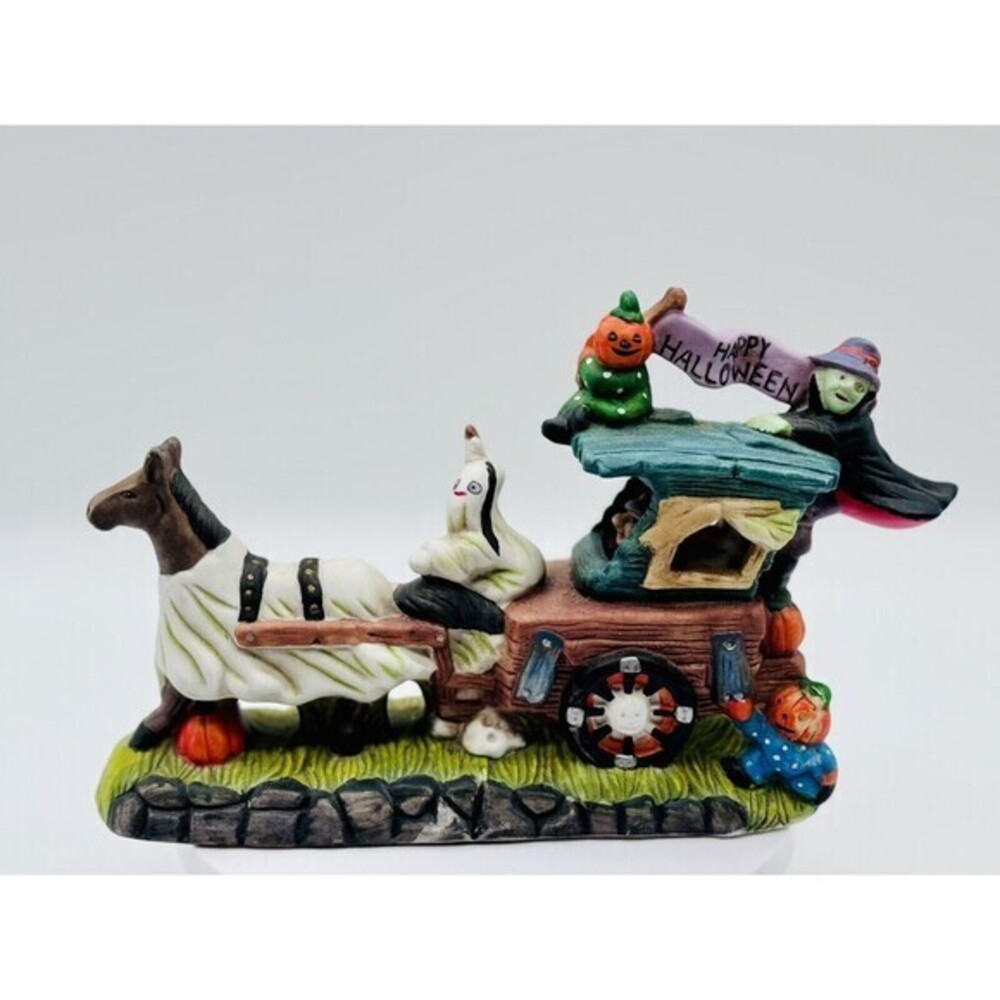 Ceramic Vintage Spooky Hallow Halloween Ghost Horse Carriage Wagon  Decor